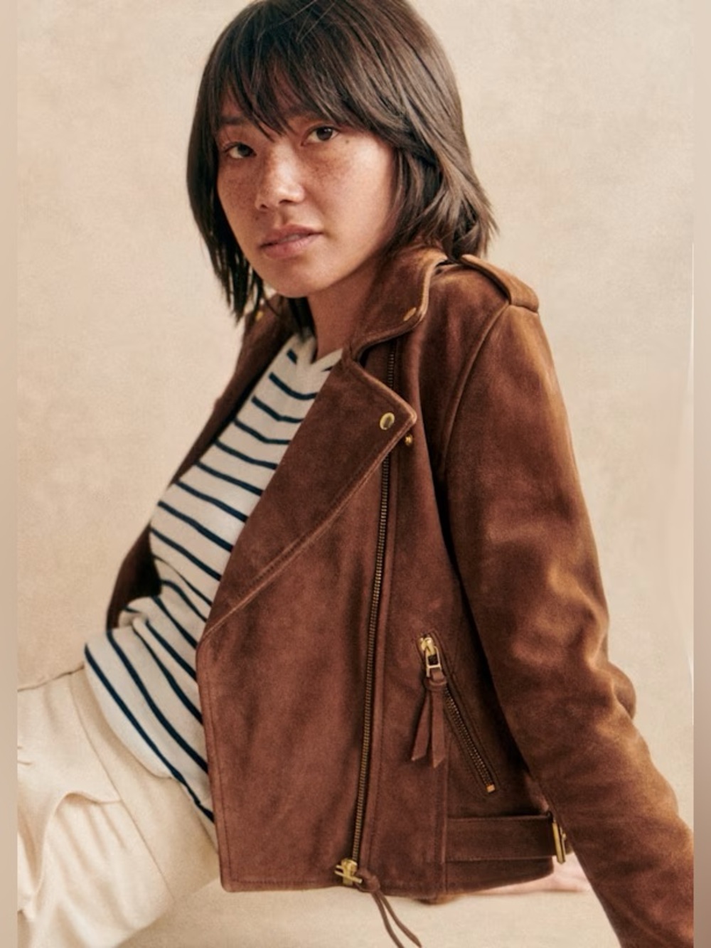 Sezane Zig Jacket Suede Goat Leather Camel Suede Brown Size 34 US 2